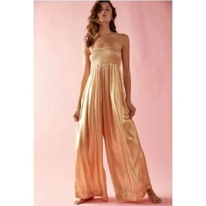 Free People Julie One Piece Wide Leg Boho Gold Jumpsuit Size XL Belle of Georgie